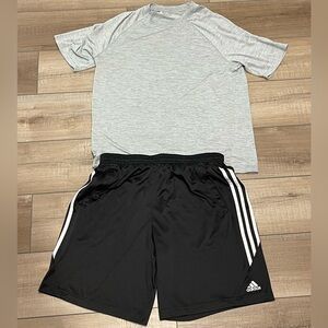 Adidas Men's Black Athletic Shorts with White Stripes And Athletic Shirt M